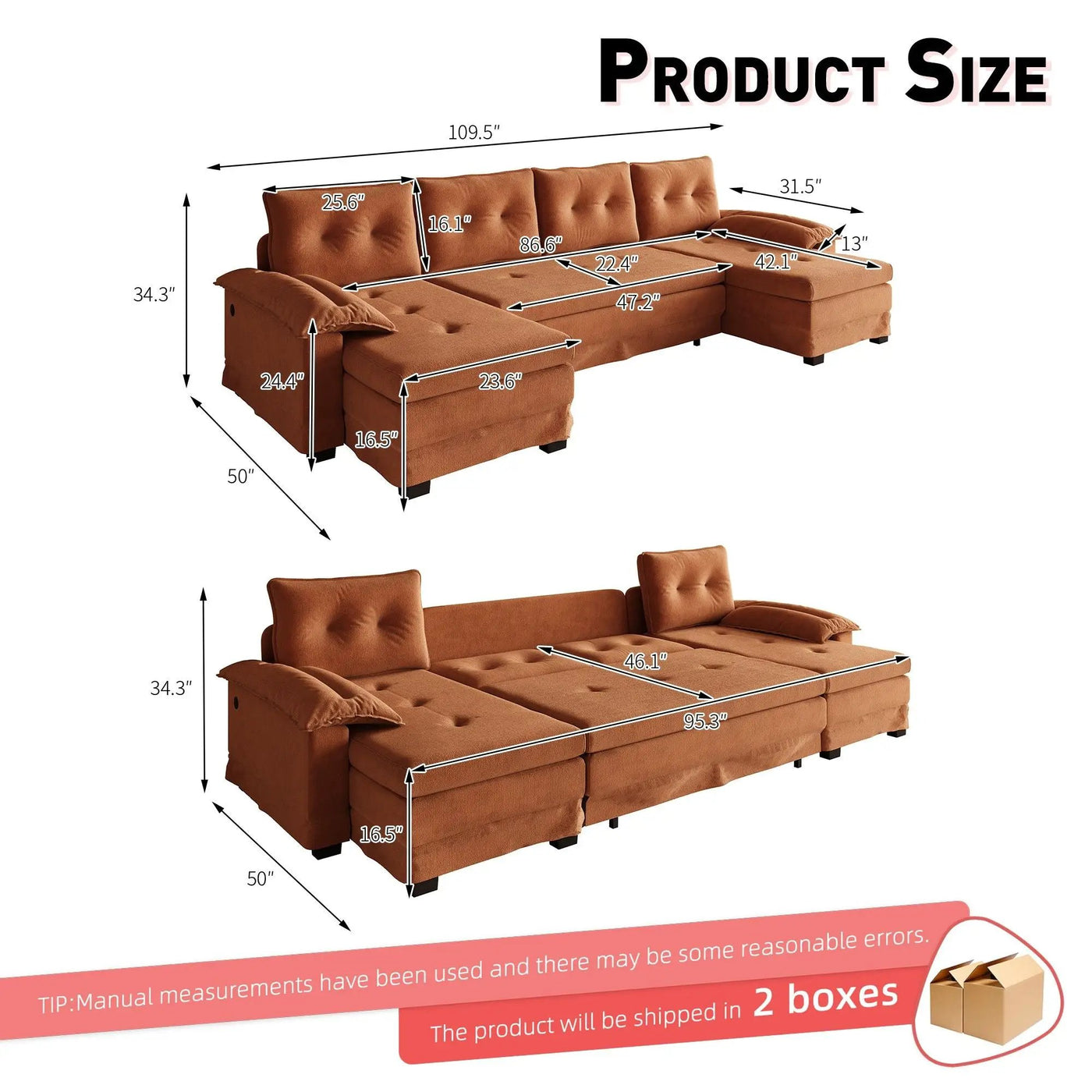 U-Shaped Sleeper Sofa With Pull Out Bed, Removable Armrests & USB Ports For Living Room by HouseOfZazla