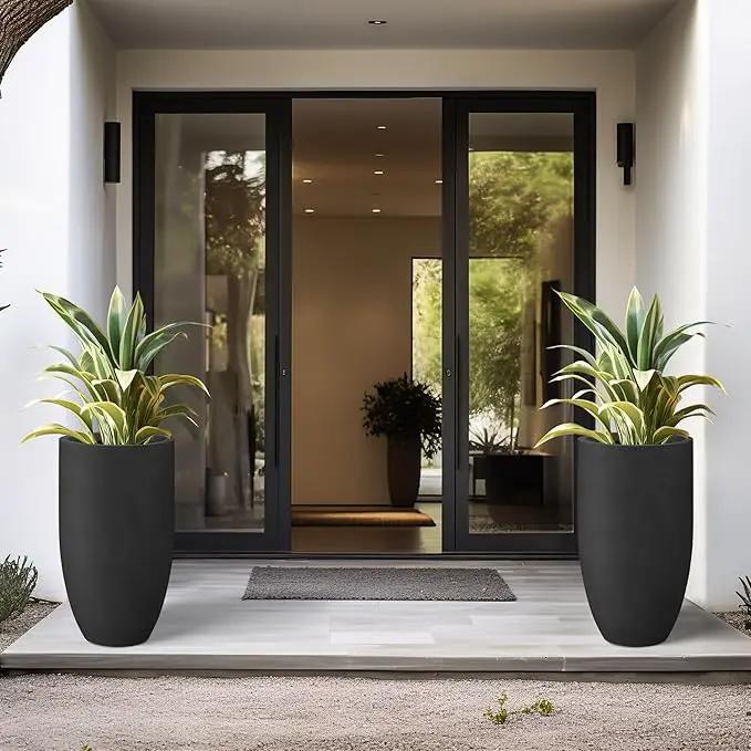 Kante 24 Inch Tall Round Concrete Planter, Large Indoor Outdoor Plant Pots with Drainage Hole and Rubber Plug, Modern Decorative Garden Pots for Home Patio Porch, Black by GreenHaven Gardens