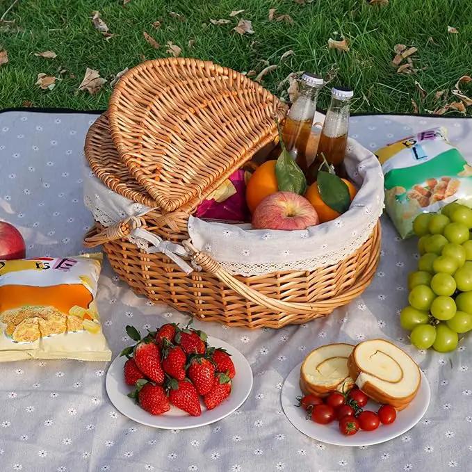Happypicnic Wicker Picnic Basket with Handle, 15" Large Empty Picnic Basket with Lid & Removable Liner, Vintage Hand Woven Basket for Picnics, Camping, Veg Picking, Mother'S Day, Thanksgiving (Flower) by GreenHaven Gardens