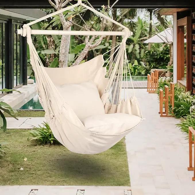 Highwild Hammock Chair Hanging Rope Swing - Max 500 Lbs - 2 Cushions Included - Steel Spreader Bar with Anti-Slip Rings - for Any Indoor or Outdoor Spaces (Beige) by GreenHaven Gardens