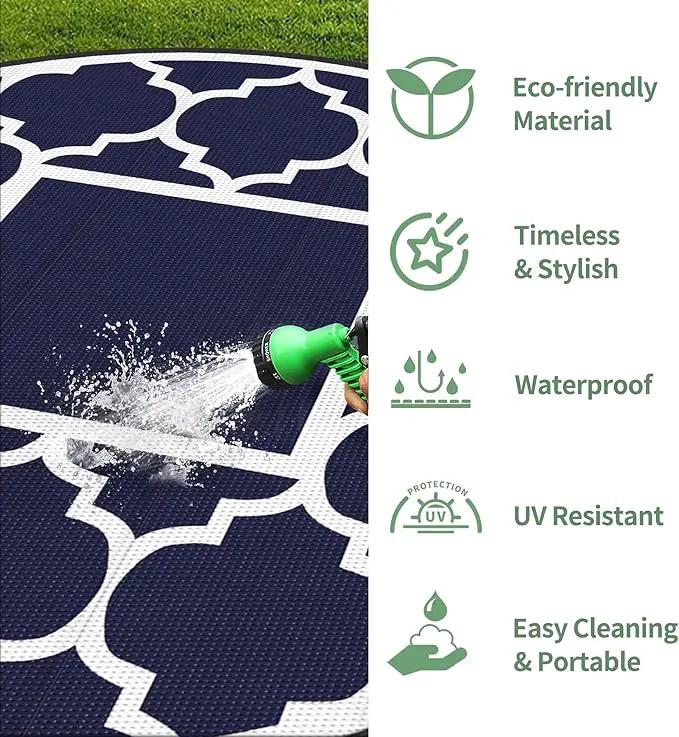 GENIMO 10 ' Round Outdoor Rug for Patio, Waterproof Indoor Outdoor Plastic Straw Rugs Carpet, Reversible Outside Area Mat for Camping, Balcony Porch, Deck, Picnic, Blue White by GreenHaven Gardens