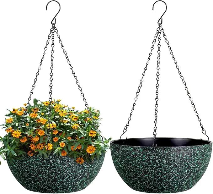 13inch Large Hanging Planters Pots for Outdoor Indoor Plants with Drainage Holes and Chain, 2pack Round Hanging Flower Pots for Garden Home Porch Decor, Black with Green Speckles by GreenHaven Gardens