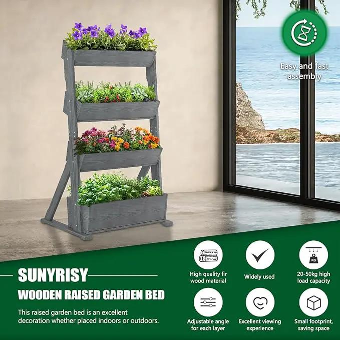 SUNYRISY 4 Tiers Vertical Raised Garden Bed Outdoor Planter Tower, Wooden Freestanding Planter Box for Planting Herbs Flowers Vegetables Backyard Patio Balcony Indoor Outdoor Gardening, Grey by GreenHaven Gardens