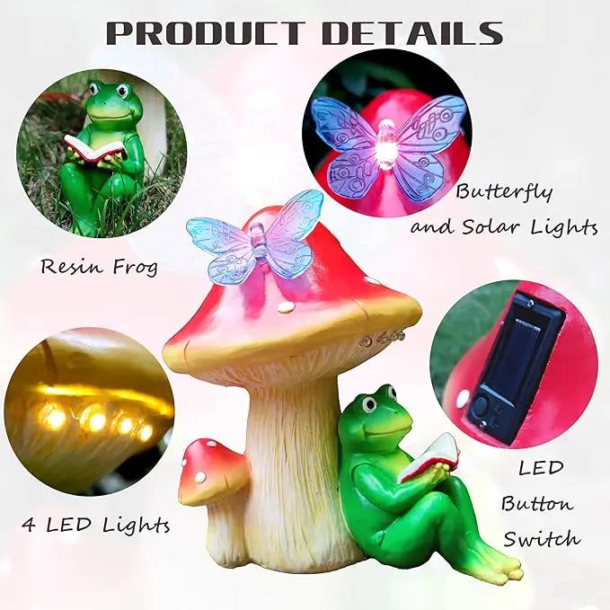 Solar Frog Mushroom Garden Statues,Resin Frog Mushroom Reading a Book Figurine with LED Solar Lights, Lawn Decor Outdoor Statue for Patio,Balcony,Yard,Lawn Ornament by GreenHaven Gardens