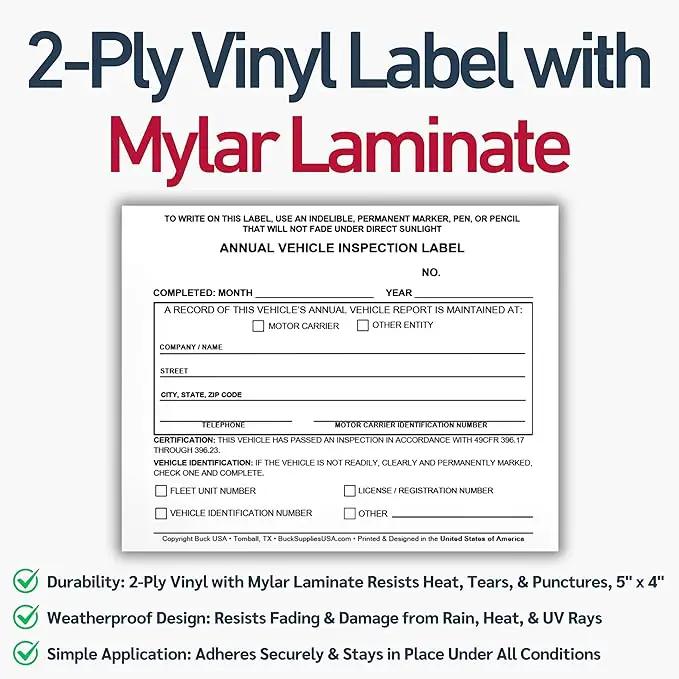 25 Pack Buck Annual Vehicle Inspection Label, 2-Ply Adhesive Vinyl with Mylar Laminate, FMCSA & DOT Compliant, Weatherproof, Tear Resistant, Easy to Write On, 5" x 4" - Made in USA by GreenHaven Gardens
