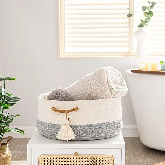 KAKAMAY Woven Baskets for Storage(16"x8"),Blanket Basket for Organizing Living Room,Cotton Rope Basket Woven Baby Laundry Hamper,Collapsible Laundry Room Organization,Clothes,Toy Chest(Grey) by GreenHaven Gardens
