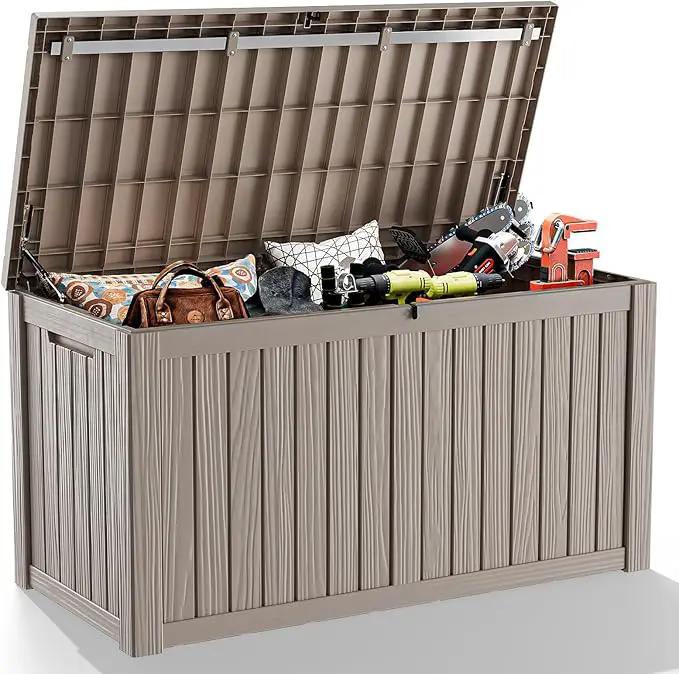 150 Gallon Deck Box,Resin Outdoor Storage Box with Lockable for Patio Furniture, Pool Accessories, Garden Tools Waterproof Outside Storage Box, Grey by GreenHaven Gardens