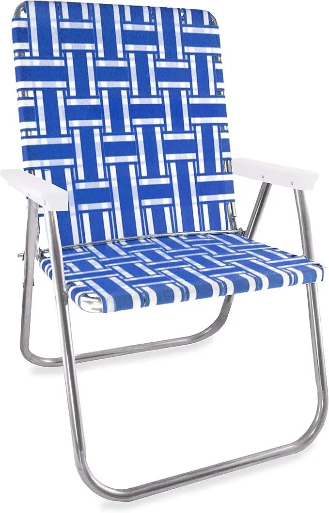 Lawn Chair USA Folding Aluminum Outdoor Patio Lawn Chair | Heavy-Duty Webbed Chairs for Camping, Sports, Beach, Yard & Tailgating | Lightweight Portable | Magnum - Blue and White with White Arms by GreenHaven Gardens