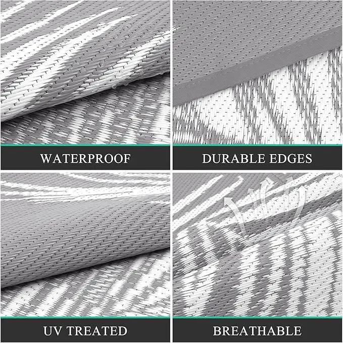 Pauwer Outdoor Rug, 6'x9', Leaf Grey, Reversible, Waterproof, Polypropylene, Lightweight, RV Mat, Patio Decor by GreenHaven Gardens
