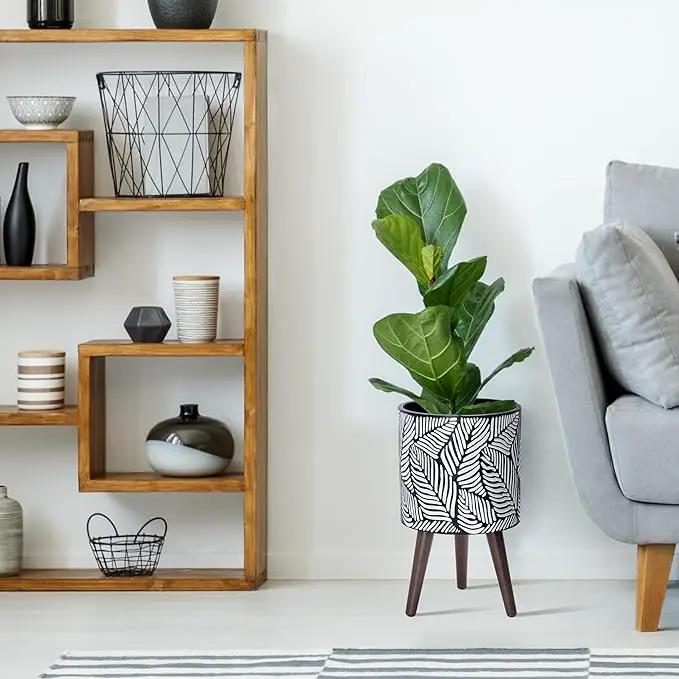 D'vine Dev 10 Inch Planter Pot with Stand, Mid-Century Tall Plant Pot with Legs for Indoor Plants, Medium, White/Grey, 88-L-B-7 by GreenHaven Gardens