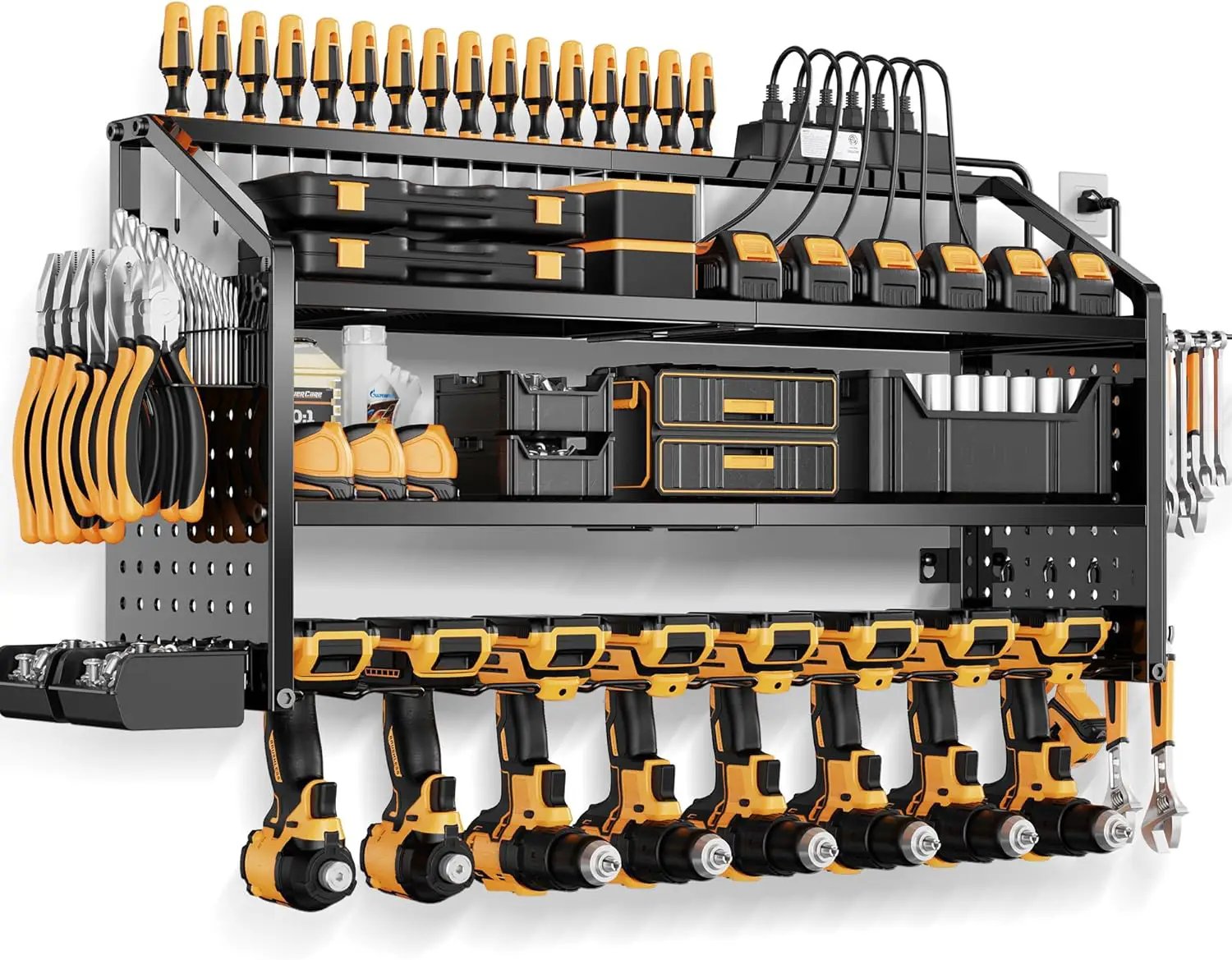 LBT Large Power Tool Organizer Wall Mount with Charging Station, 8 Drill Holder, 4 Layer Heavy Duty Metal Tool Storage Rack, 6 Power Strip, 8 Hooks, 2 Screw Boxes, Cool Gifts for Him Fathers Day by GreenHaven Gardens