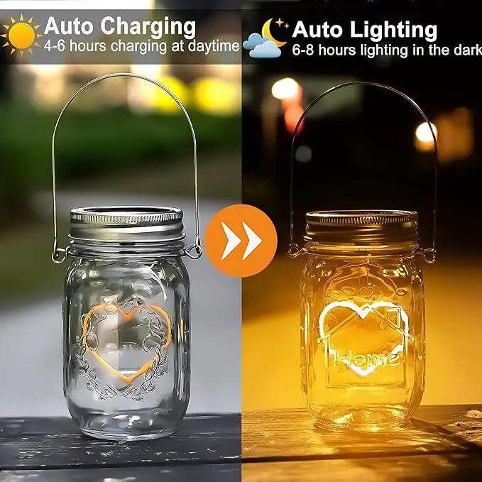 Hanging Solar Mason Jar Lights, 2 Pack Warm Heart Shape Led Lights, Solar Powered Lanterns Outdoor Waterproof, Hangers and Jars Included, Gift for Lover, Home Party Wedding Garden Patio Decor (2) by GreenHaven Gardens