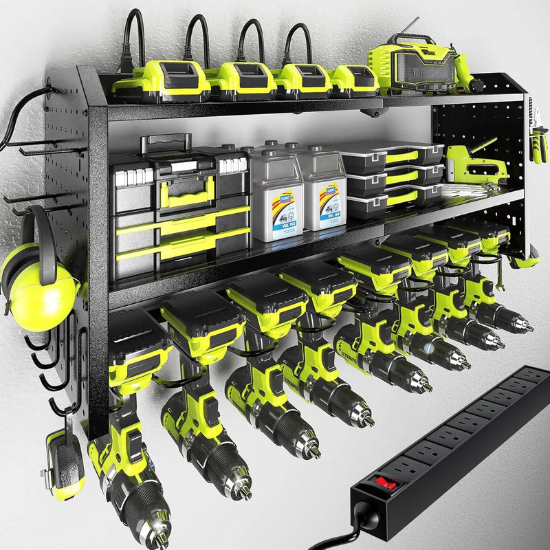 KAFAHOM Power Tool Organizer with Charging Station, Built in 8 Outlet Power Strip,Large 8 Drill Holder Wall Mount, Heavy Duty Metal Power Tool Storage Rack Tool Shelf for Garage Organization Black by GreenHaven Gardens