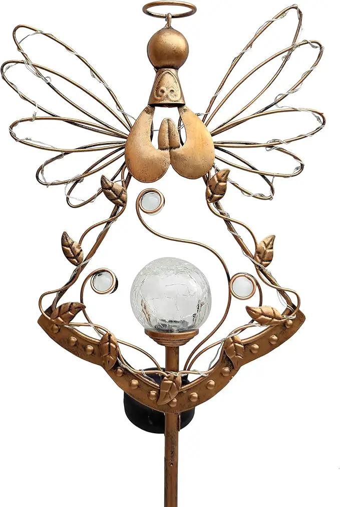 Solar Angel Outdoor Lights Garden Stake - Metal Angel Crackle Glass Ball Solar Light- Waterproof 31 White LED for Garden Lawn Patio or Courtyard Decor（Bronze） by GreenHaven Gardens