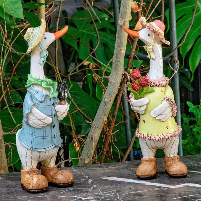 Garden Statues Couple Duck, Funny Cartoon Duck Garden Statues Indoor Outdoor Decorations Cute Ducks Art Décor Goose for Yard Home Garden Patio and Office (2- Pack) by GreenHaven Gardens