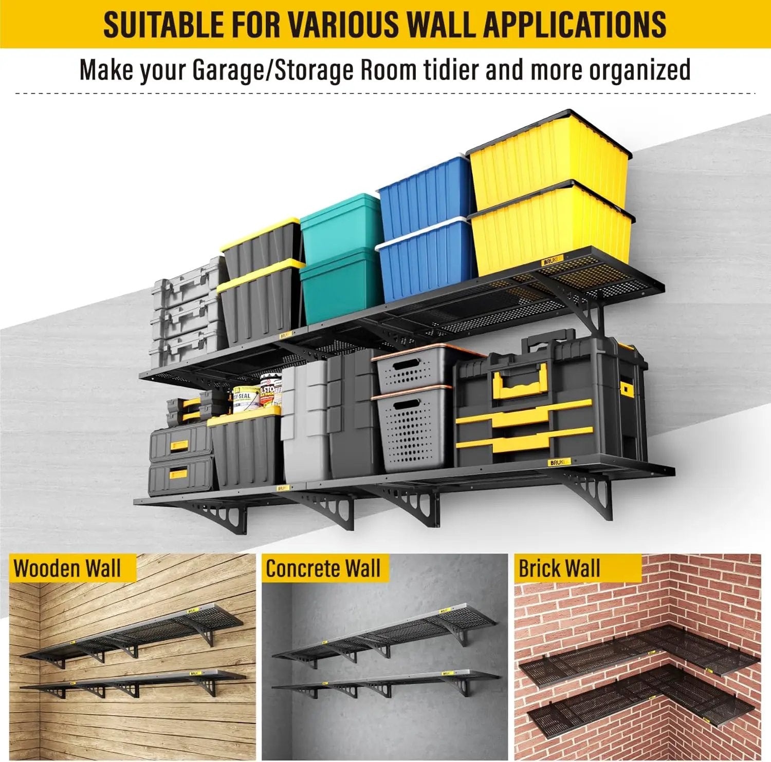 4Pack 1.64x4ft Adjustable Metal Garage Wall Shelving Heavy Duty Garage Storage Shelf Wall Mounted Black by GreenHaven Gardens