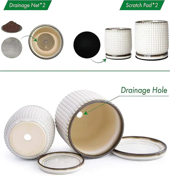 D'vine Dev 6 Inch 4 Inch Ceramic Indoor Planter Pots with Drainage Hole and Saucer, Beaded Design Flower Pots, Set of 2, Smoked White, 27-D-U-1 by GreenHaven Gardens