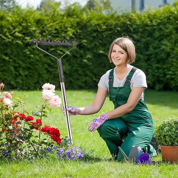 Sturdy Garden Rakes for Leaves: Metal Rake Heavy Duty Tool for Quick Clean Up of Lawn and Yard, 38’’--63’’ Adjustable Long Handle and 14Tines by GreenHaven Gardens