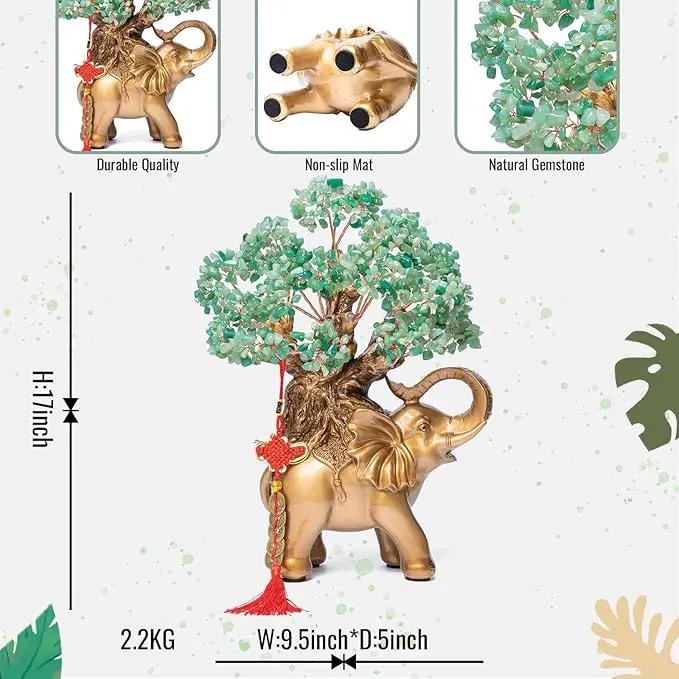 Green Aventurine Crystal Money Tree on Gold Elephant Statue, 17”Large Gemstone Bonsai Tree of Life Home Décor Gifts for Wealth Positive Energy, Feng Shui Décor by GreenHaven Gardens