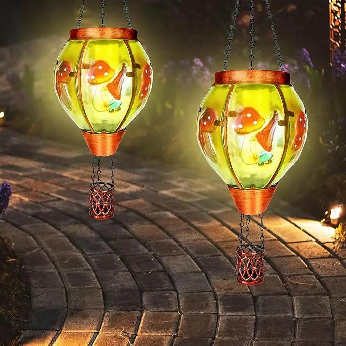 2 Pack Solar Hot Air Balloon Lantern with Flame，Mushroom Gnome Glass Solar Hanging Lanterns Outdoor for Outside Garden Patio Tree Porch Yard, Mushroom Gifts for Women Grandma Mom - Mushroom by GreenHaven Gardens