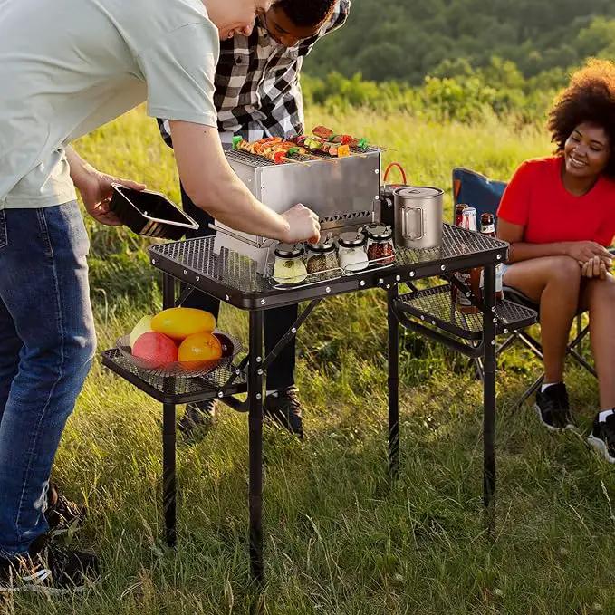 RedSwing Folding Grill Table with Extra Space, Adjustable Height Portable Small Stand Table for Outdoor Indoor Camping Picnic BBQ, Black with Side Table by GreenHaven Gardens