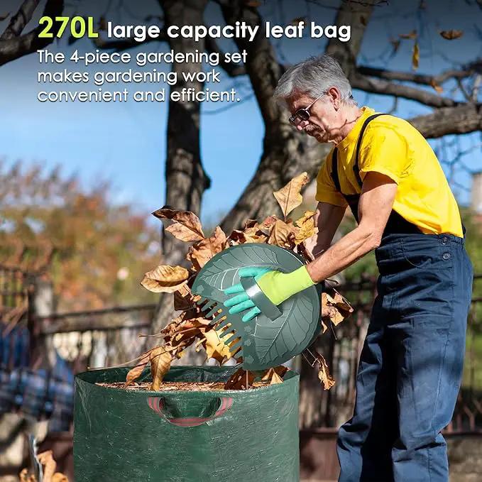 ORIENTOOLS 17Tines Double Row Garden Rake Set with 9Tines Leaf Hand Rakes, 272L Leaves Bin and Gardening Gloves for Scooping and Picking up Leaves, Clear and Collect Garden Rake Kit by GreenHaven Gardens