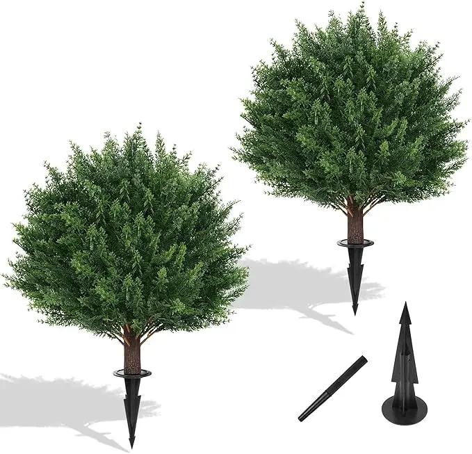 Artificial Set of 2 Cedar Topiary Ball Trees 16" for Outdoors with Ground Spike, UV Resistant Faux Cypress Plants, Evergreen Shrubs Bushes for Front Porch Garden Backyard Decor by GreenHaven Gardens