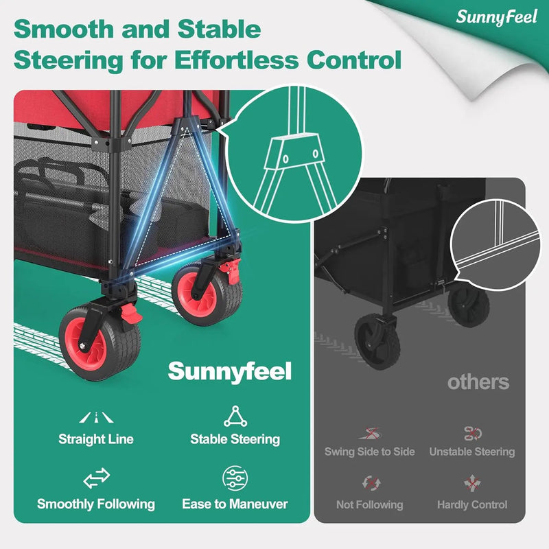 SUNNYFEEL Heavy Duty Collapsible Outdoor Utility Wagon Cart 500LB Capacity Adjustable Handlebar,Foldable Beach Wheels Stable Durable Oxford Fabric for Shopping Garden Camping (Red, Double Deck) by GreenHaven Gardens
