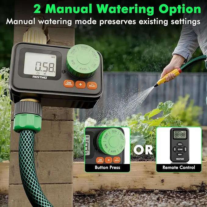 RESTMO RF Remote Controlled Sprinkler Timer with Brass Inlet & Outlet, Programmable Water Timer for Garden Hose, Automatic | Manual | Rain Delay for Outdoor Faucet, Drip Irrigation and Lawn Watering by GreenHaven Gardens