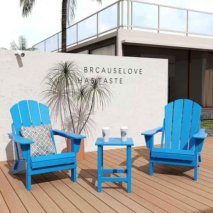 WO Home Furniture Adirondack Chairs Table Set of 3 PCS Outdoor Folding Chairs Side End Table Weather/UV Resistant for Lawn, Garden, Bon Fire, Balcony (Pacific Blue) by GreenHaven Gardens