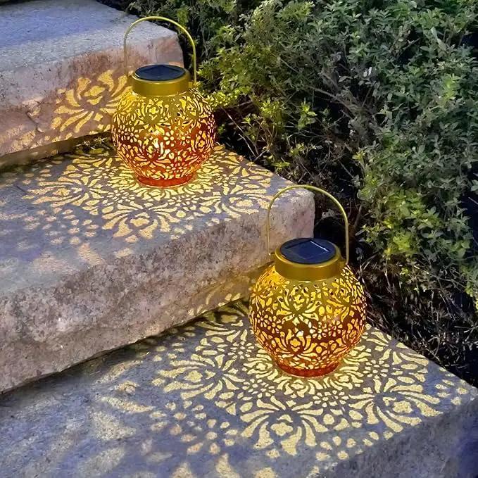 2 Pack Outdoor Solar Hanging Lantern Lights Metal LED Decorative Lamp for Garden Patio Courtyard Lawn and Table with Hollowed-Out Design (Sunset Blaze) by GreenHaven Gardens