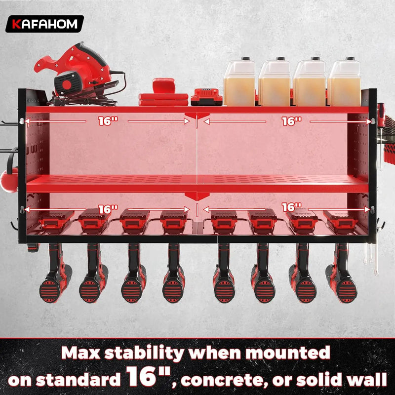 KAFAHOM Power Tool Organizer, Large 8 Drill Holder Wall Mount with 2 Side Pegboards, Heavy Duty Metal Tool Shelf with 12 Hooks, Storage Rack for Garage Organization, Utility Battery Shelves - Red