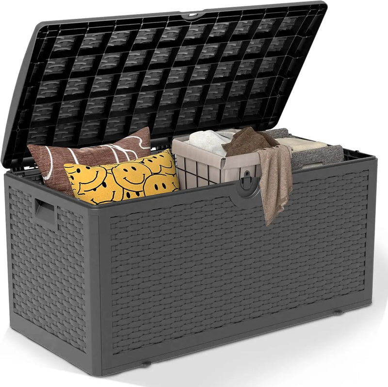 Upgrade 80 Gallon Waterproof Large Resin Deck Box Indoor/Outdoor Lockable Storage Container and Seating for Garden, Pool, and Patio (80 Pro Gallon, Black) by GreenHaven Gardens