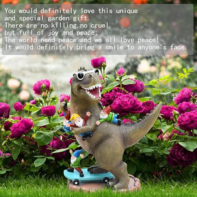 Garden Statue Outdoor Decoration, Cool Dinosaur Play Skateboard with Gnomes Figurines, Indoor Outdoor Decor Art for Patio Lawn Yard, Housewarming Garden Gift… by GreenHaven Gardens