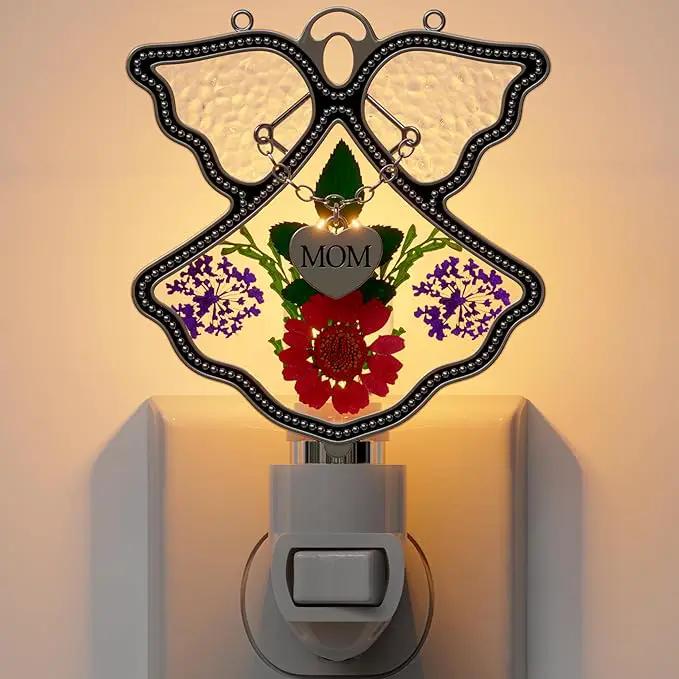 KY&BOSAM Night Light Mom Stained Glass Angel Night Lights Plug Into Wall with Real Flower in Glass and Metal Charm Night Light for Nursery Bedroom Bathroom Decorative Accent Lite Elegant Home Decor by GreenHaven Gardens