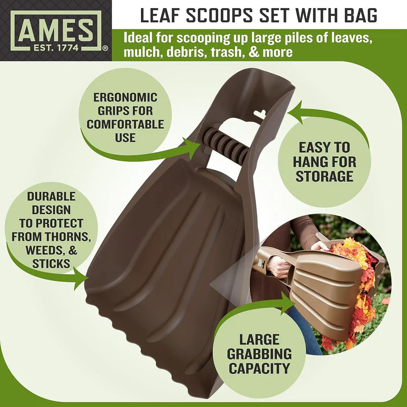 AMES Leaf Scoops Hand Rake Set with Collapsible Pop-Up Garden Waste Bag for Collecting Leaves, Mulch and Debris by GreenHaven Gardens