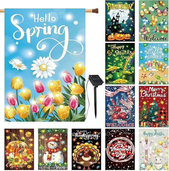 12 Pcs Solar Seasonal LED Garden Flags 28 x 40 Inch Double Sided Yard Flags Spring Easter Halloween Fall Thanksgiving Day Decorations Welcome Garden Flag Lawn Yard Outdoor Holiday Decoration by GreenHaven Gardens