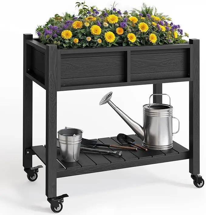 YITAHOME Raised Garden Bed, HIPS Poly Wood Elevated Planter Box with Shelf & Wheels for Mobility, Small Flower Box Stand for Patio Balcony Garden Backyard, Black by GreenHaven Gardens