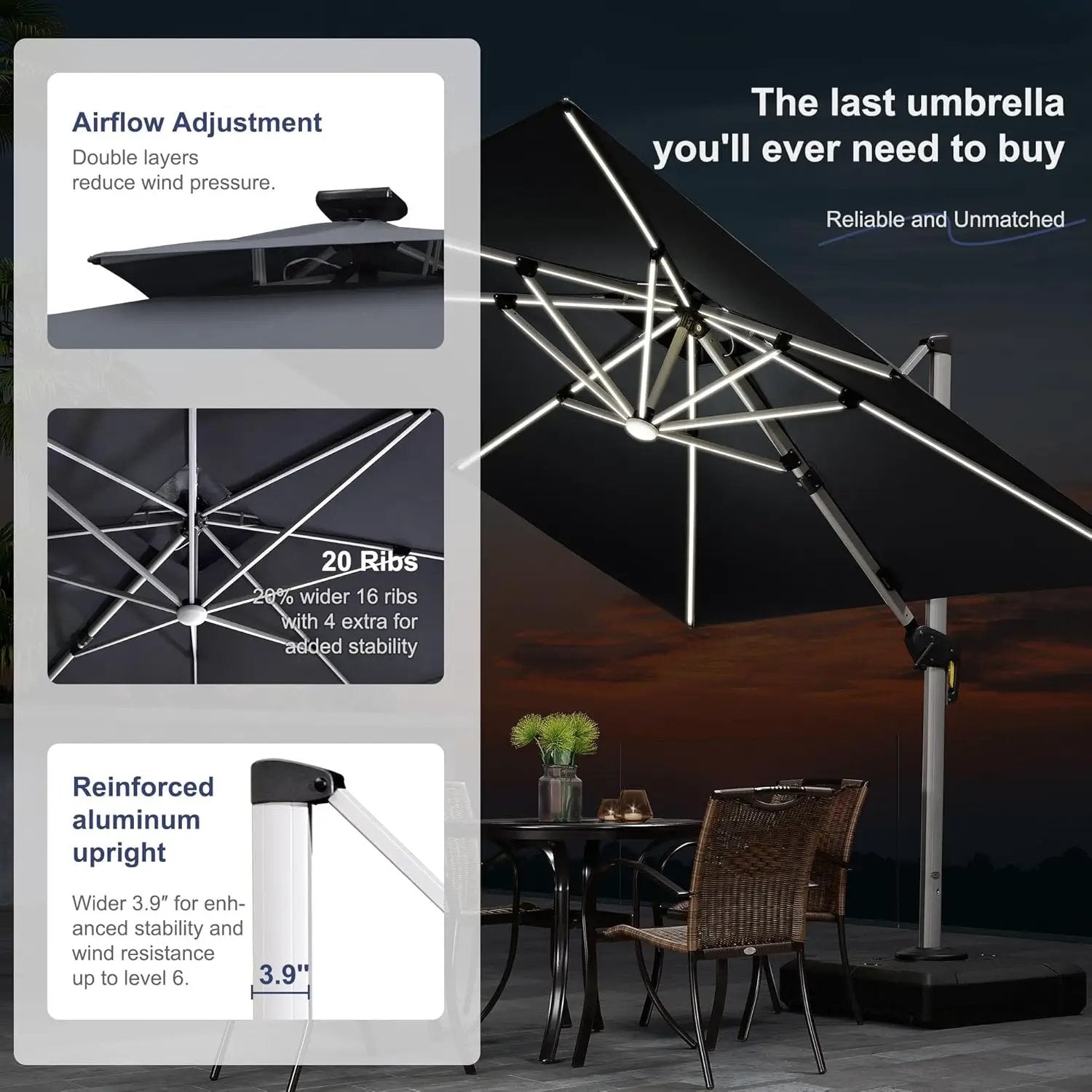 PURPLE LEAF 12 Feet Double Top Deluxe Solar Powered LED Square Patio Umbrella Offset Hanging Umbrella Outdoor Cantilever Umbrella, Grey by GreenHaven Gardens