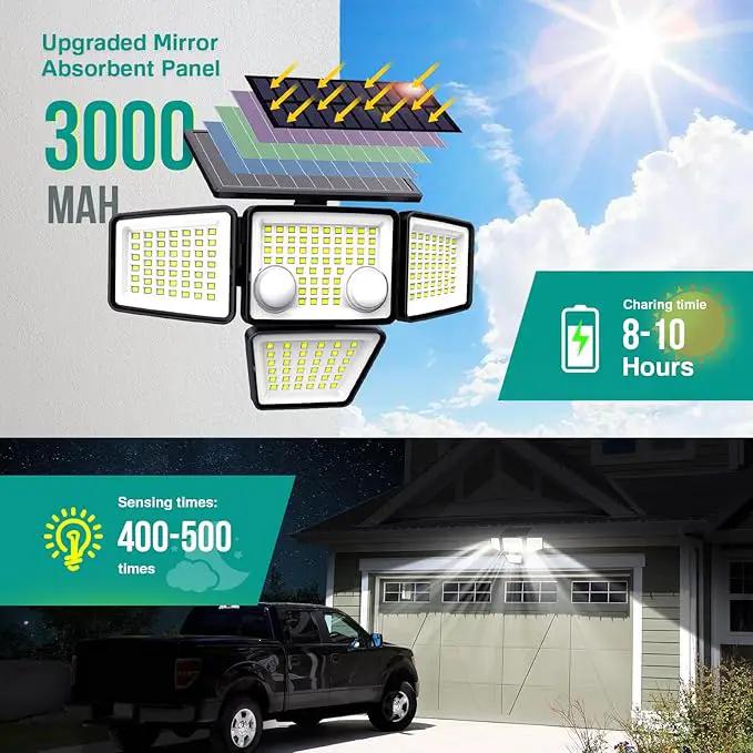 Solar Outdoor Lights - 3000LM 188 LED Motion Sensor Outdoor Lights, 4 Heads Security Light,IP65 Waterproof, Easy Install,270°Wide Angle Flood Wall Light with 3 Modes for Backyard Yard (3 Pack) by GreenHaven Gardens