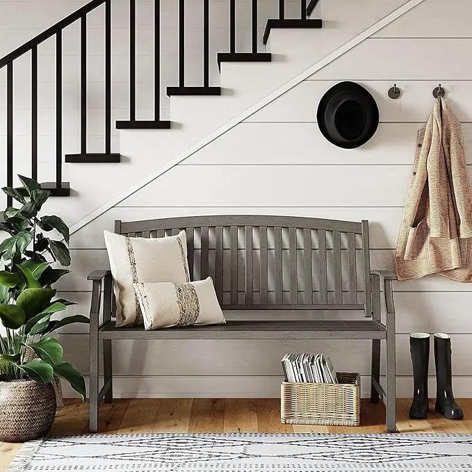 Grand patio 52" Farmhouse Outdoor Bench, Garden Benches with Rust Free Metal Powder Coated Frame and Aluminum Backrest, Faux Wood Grain Finish Frame Patio Bench for Front Porch, Weathered Grey by GreenHaven Gardens