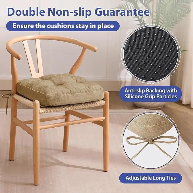 Chair Cushions for Dining Chairs, Dining Chair Cushions, Tufted Indoor Chair Pads with Ties & Non Slip Backing, Seat Cushions for Kitchen Chairs 16.5” x 16.5” x 3.5”, Set of 6, Khaki by GreenHaven Gardens
