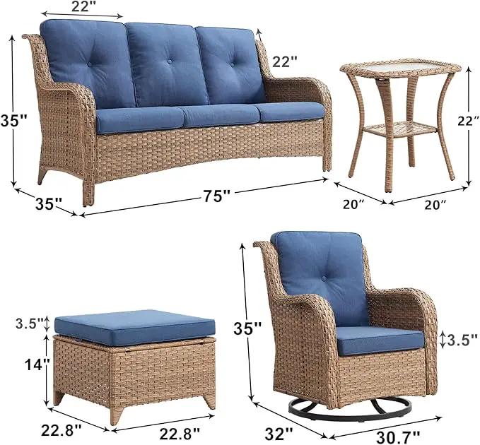 Outdoor Wicker Patio Furniture Set - 6 Piece Rattan Patio Conversation Set with 2 Rocking Swivel Chairs,2 Ottomans,1 Sofa and 1 Side Table for Porch Deck Backyard Garden(Yellow/Blue) by GreenHaven Gardens