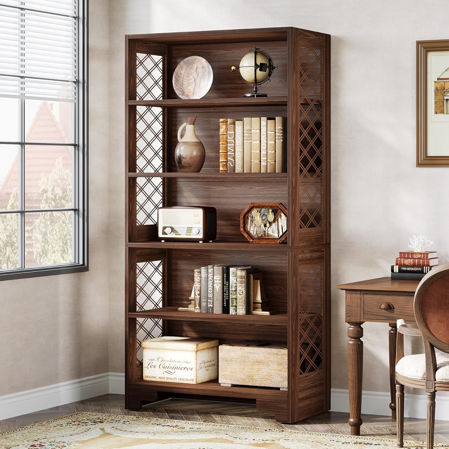 6 Tier Brown Mid Century Bookcase With X Design For Living Room - Brown by HouseOfZazla