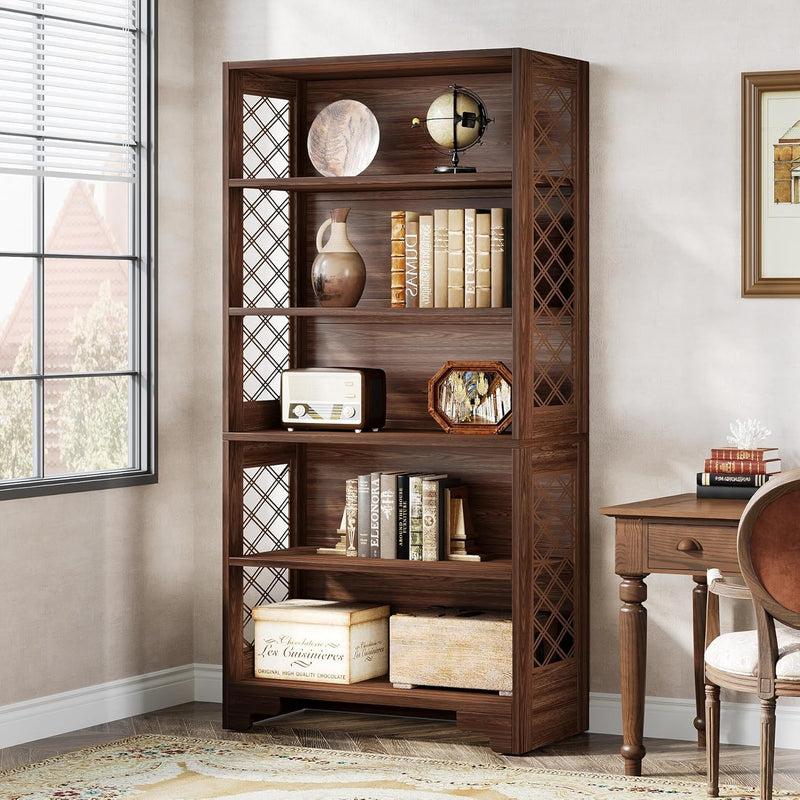 6 Tier Brown Mid Century Bookcase With X Design For Living Room - Brown by HouseOfZazla