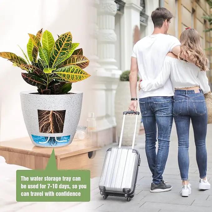 Large Self Watering Pots, 12/10/9 Plastic Planters with High Drainage Holes and Deep Reservoir for Indoor Outdoor Garden Plants and Flowers, White Speckles by GreenHaven Gardens