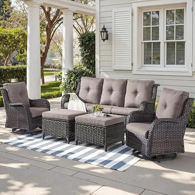Outdoor Wicker Patio Furniture Set - 5 Piece Rattan Patio Conversation Set with 2 Rocking Swivel Chairs,2 Ottomans and 1 Sofa for Porch Deck Backyard Garden(Brown/Grey) by GreenHaven Gardens