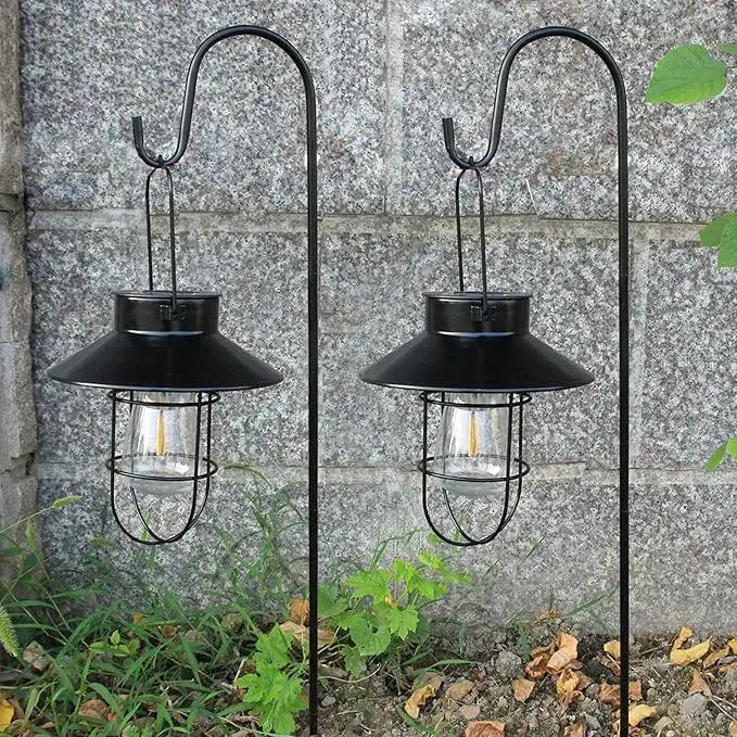 2 Pack Solar Lanterns ,Outdoor Waterproof Solar Lamp with Shepherd Hook, Metal Edison Bulb Lights Gifts for Gifts for Women/Mom Garden Outdoor Pathway Decor (Black) by GreenHaven Gardens