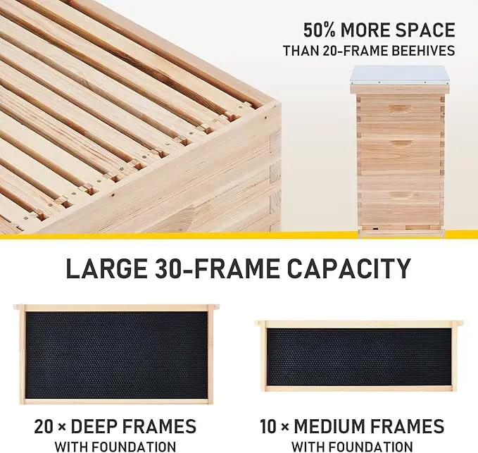 CREWORKS Bee Hive Boxes Starter Kit, 3 Layer Bee House with 10 Medium and 20 Deep Frames & Foundations, Langstroth Beehive for Bee Keeping, Beekeeping Supplies with Plastic Queen Excluder and Nails by GreenHaven Gardens