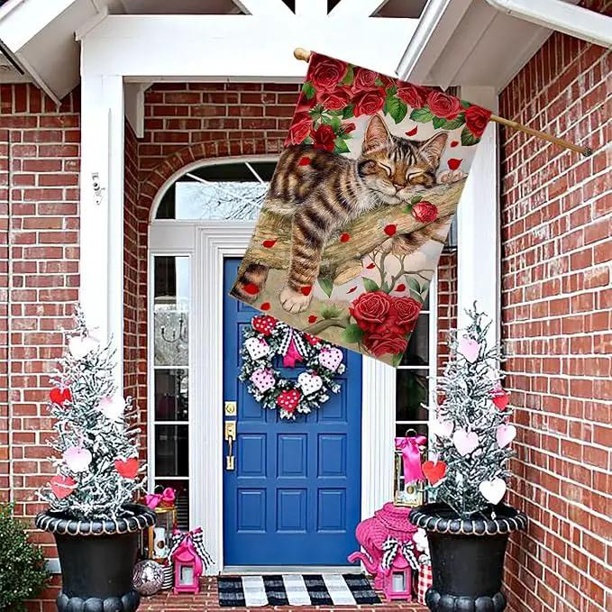 BLKWHT Valentines Cat House Flag 28 x 40 Vertical Double Sided Red Roses Spring Farmhouse Holiday Outside Decorations Burlap Yard Flag BW757-40 by GreenHaven Gardens